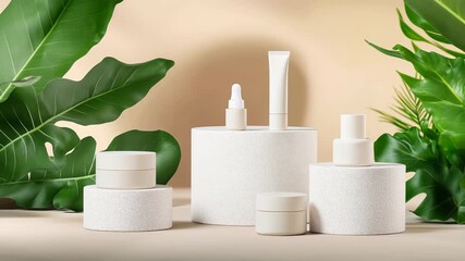 Cosmetic containers and bottles displayed on white podiums with tropical leaves, promoting natural beauty products