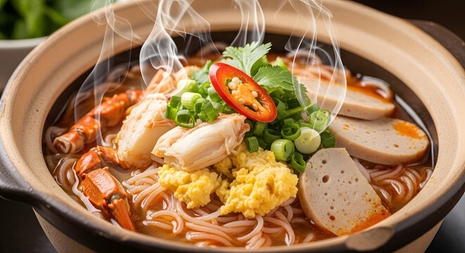 Delicious Vietnamese Crab Noodle Soup (B&uacute;n Ri&ecirc;u Cua) in a Clay Pot with Steam