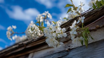 Spring blossoms on a wooden structure