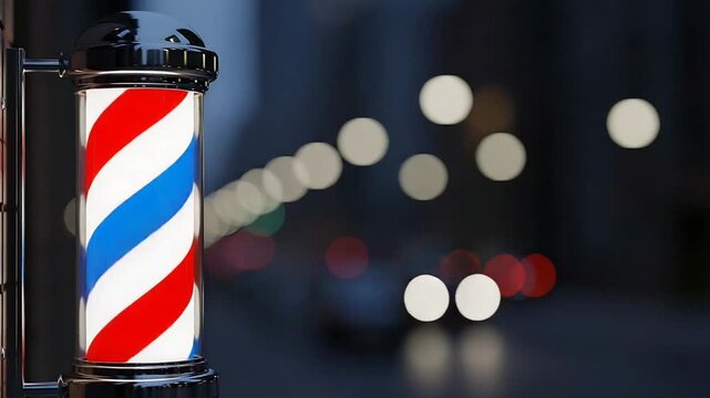 Illuminated Barber Pole with Red White Blue Stripes at Night Street.