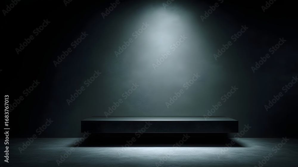 Aufkleber a dark minimalist studio space featuring a sleek rectangular display platform illuminated by a singl