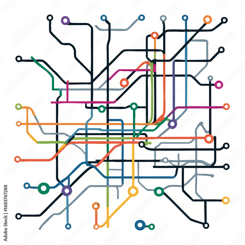 Poster geometric urban transport network map. color-coded subway system outline for infographic and wayfind