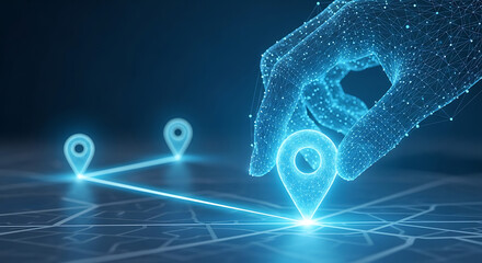 Digital hand interacting with location pins connected by lines on a dark blue background