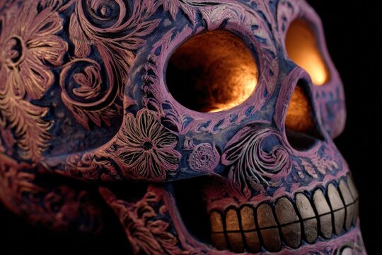Detailed close-up view of a decorative skull, adorned with intricate floral patterns in deep purple and pinkish-red hues, highlighting the craftsmanship.