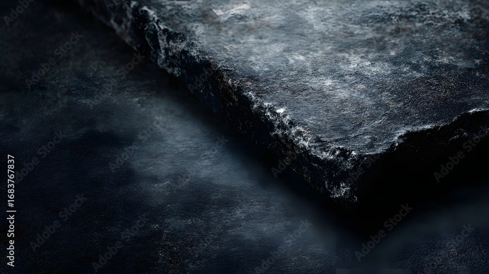 Aufkleber dark textured stone slab with a rough edge resting on a matching surface highlighted by soft rim lig