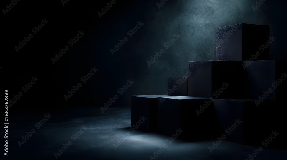 Poster dark minimalist abstract background featuring a tiered display of black cubes with dramatic shadows 