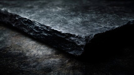 Close up of a dark textured natural stone slab showcasing its rugged surface and rough edges under dramatic lighting creating a sophisticated