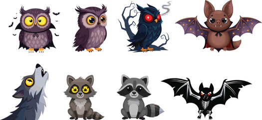 Collection of cartoon nocturnal animals including owls, bats, wolves, and raccoons, isolated on white background for wildlife and nature vector design