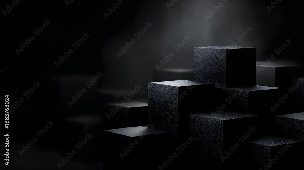 Canvas Prints a dramatic abstract background featuring layered matte black geometric cubes with contrasting shadow
