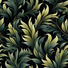 Elegant seamless PVB Continuousall pattern with stylized leaves in deep green hues on a black background,