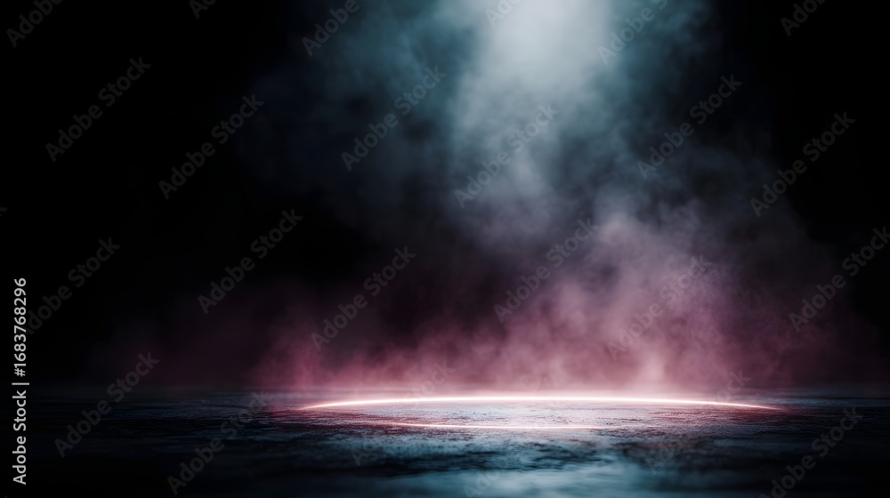 Poster dark smoky atmosphere with a glowing red circular light on a textured floor illuminated by an ethere