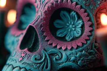 Close-up of a vibrant, intricately decorated sugar skull, featuring detailed floral designs in teal and magenta tones against a dark background.