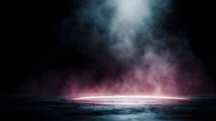 Dark smoky atmosphere with a glowing red circular light on a textured floor illuminated by an ethereal blue light from above