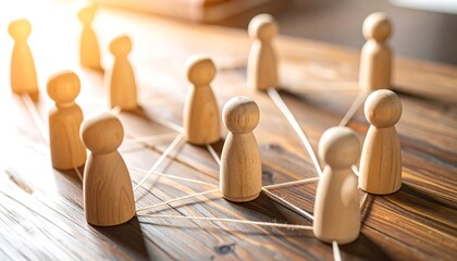 Wooden figurines connected by threads on a wooden surface. Sunlight highlights the scene