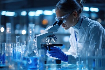 A female scientist examines a sample under a microscope in a cutting-edge laboratory filled with glassware and bright blue lighting