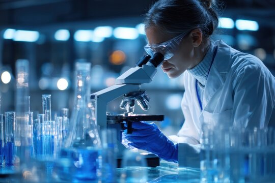 A female scientist examines a sample under a microscope in a cutting-edge laboratory filled with glassware and bright blue lighting
