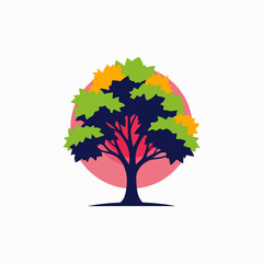 Vibrant Tree with Colorful Leaves and a Soft Pink Circle Background Emblematic of Growth and Nature