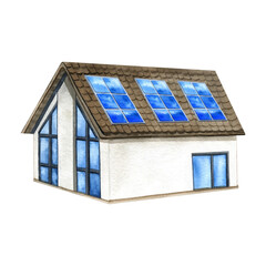 Solar panel on House. PV battery on building. Alternative Renewable generator, clean electric sustainable energy sources. Environmental protection. Panoramic windows. Watercolor isolated illustration.
