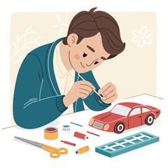 Man meticulously crafting a red toy car model at a desk with tools.