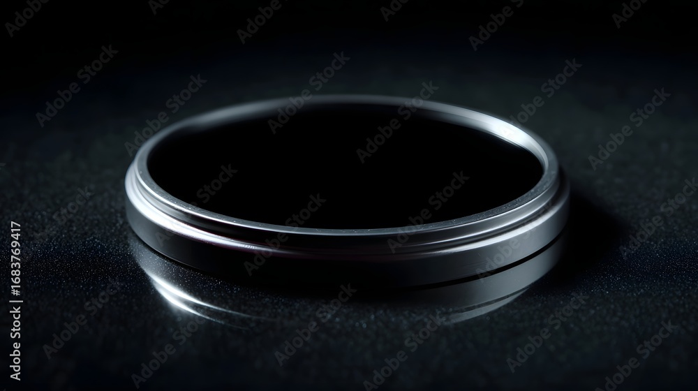 Poster a sleek circular metallic disc with a dark reflective surface rests on a subtly textured black backg