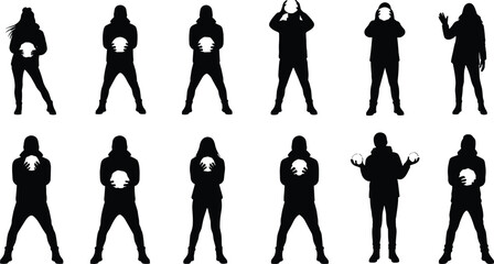 Glowing orb silhouettes, human poses illustration, energy sphere art, mystical power concept, fantasy activity graphic, light holding design, posture and gesture theme