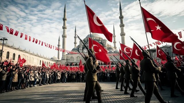 Turkish flag bearers parade, city square, celebration, commemorating national holiday