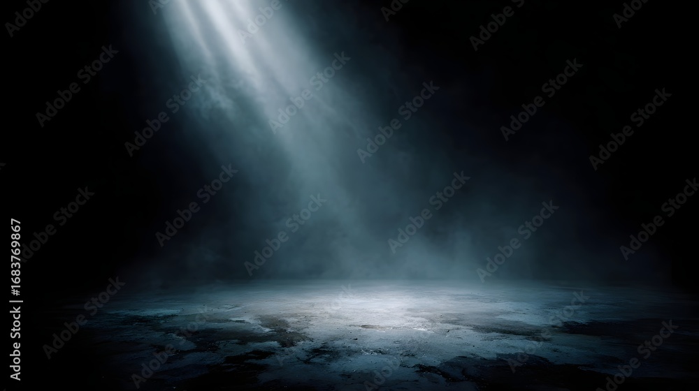 Canvas Prints soft spotlight beams through a smoky dark environment illuminating an empty textured concrete floor 