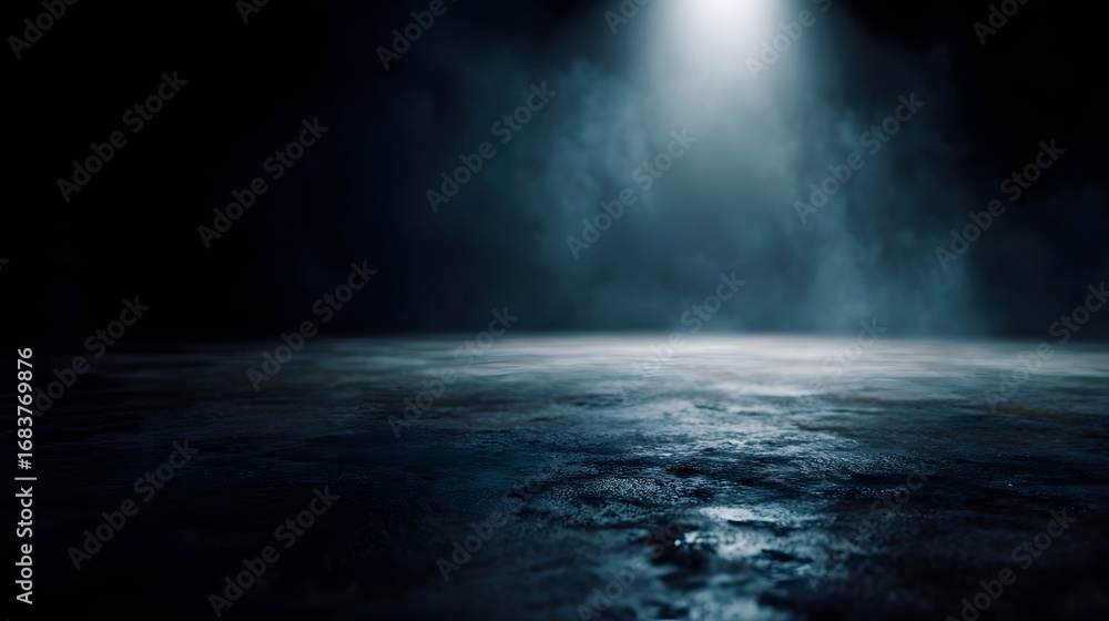 Poster dramatic spotlight illuminates a smoky dark empty stage floor with a textured concrete surface creat