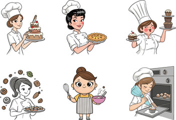 Collection of women bakers preparing bread, cakes, pies, and cupcakes in kitchen, isolated on white background for cooking vector illustration design