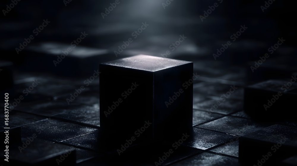 Aufkleber dark geometric cube resting on a textured grid platform illuminated by a focused spotlight creating 