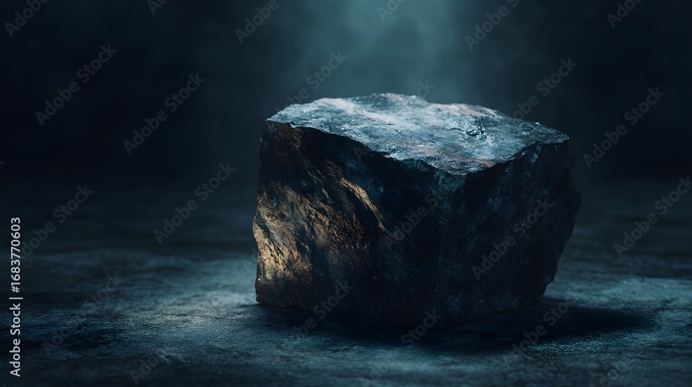 Aufkleber a dark textured stone block stands dramatically illuminated by a side light on a mysterious smoky su