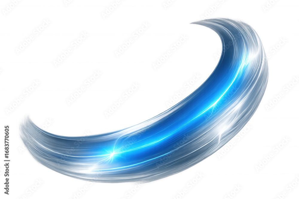 Poster light streak creating crescent-shaped curve in blue and white, glowing against transparent backdrop 