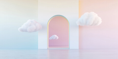 Minimalist Room with Archway and Clouds
