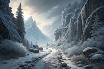 Snowy mountain pass with dramatic sky and frosted trees