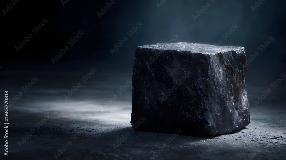 Poster a dark rough hewn stone block sits isolated on a textured surface dramatically lit by a strong spotl