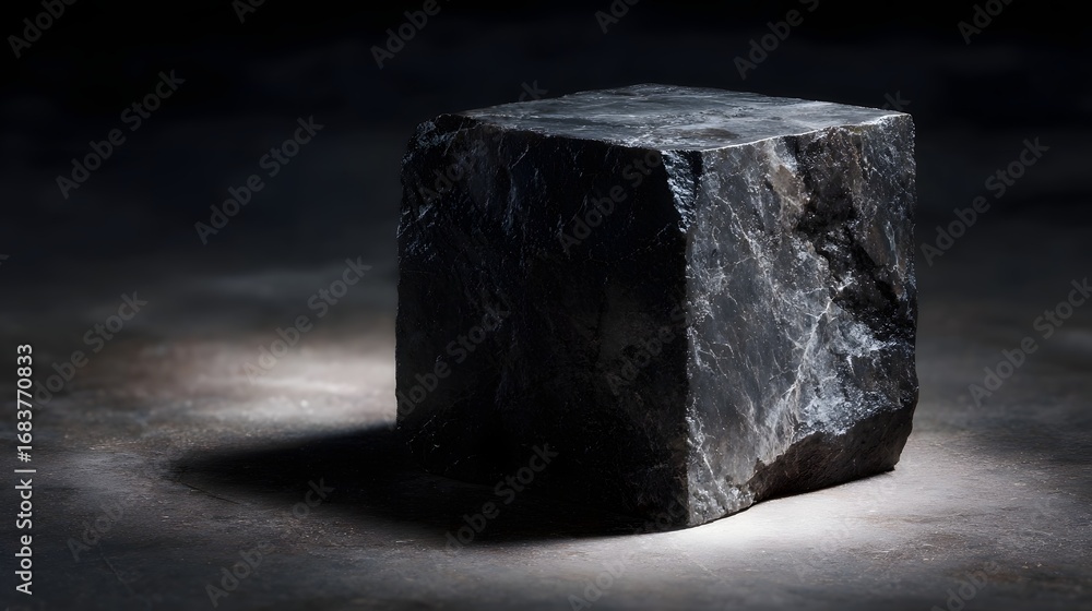 Poster a dark rough hewn stone block stands prominently on a textured surface illuminated by a dramatic spo