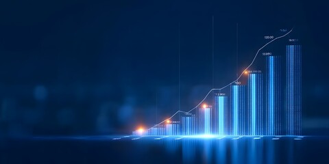  A blue background with a glowing financial graph, representing stock market trends and growing advertising sales data in the digital age. 