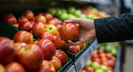 Selecting a Healthy Red Apple from a Clean Produce Shelf

