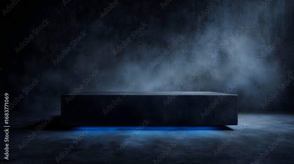 Poster dark modern rectangular display platform with blue accent lighting and atmospheric smoke in a myster