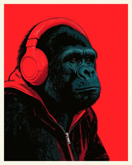 Gorilla Wearing Headphones on Bold Red Background in Stylish Portrait