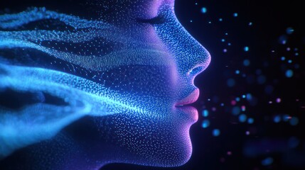 Digital portrait of a woman's side profile constructed from glowing blue and purple particles