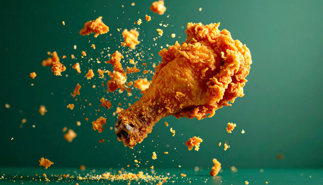 A crispy golden fried chicken drumstick exploding with crumbs in mid-air against a green background.
