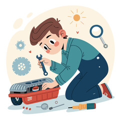 Fototapeta premium Young boy in overalls fixing a mechanical toy car.