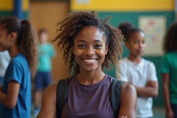 Fototapeta premium African-American School Gym Teacher Smiling with Group of Female Students