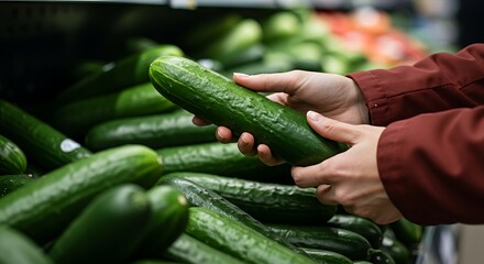 A Hand Picking a Fresh Cucumber at the Supermarket