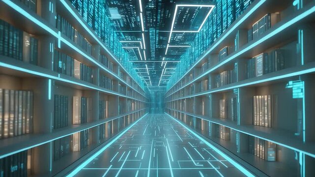Digital data storage center with neon lights and futuristic technology interface