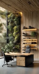 Modern, minimalist office space with a large wooden desk,  a lush vertical garden, and built-in shelving
