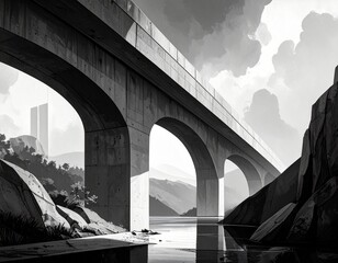 black and white concrete bridge illustration  3