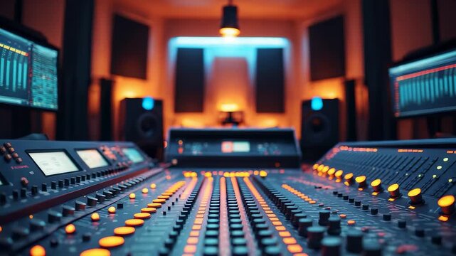 Professional audio mixing console in a music studio with illuminated controls and speakers