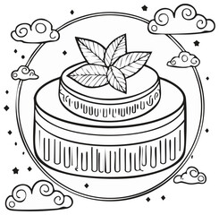 Stylized Cake with Leaves Topping Coloring Page Surrounded by Clouds and Stars